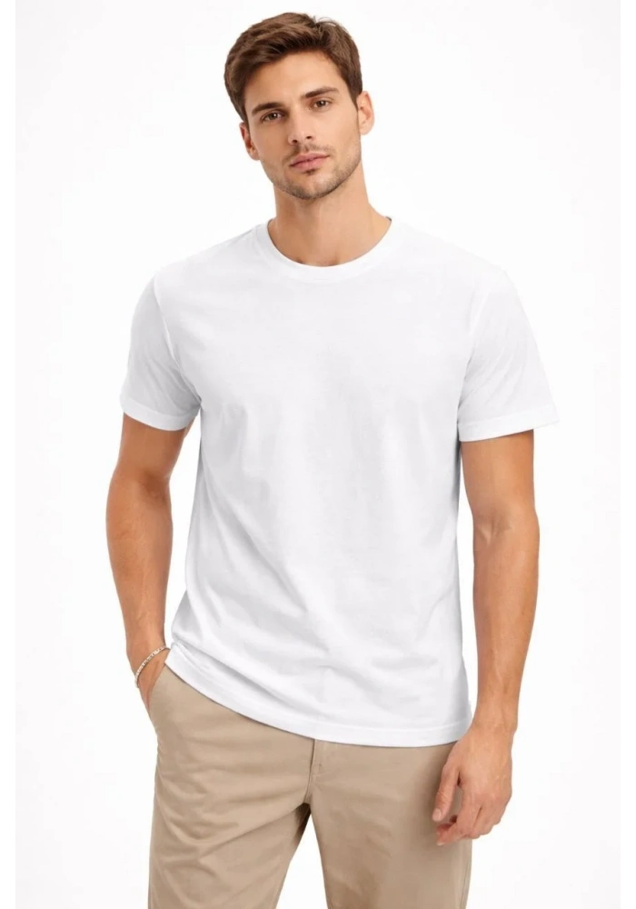 Erkek Bisiklet Yaka Yazlık Kısa kol Düz Tişört Regular Kalıp T-shirt - Beyaz