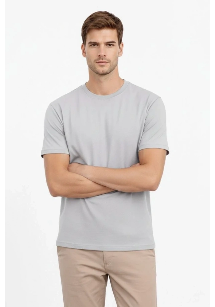 Erkek Bisiklet Yaka Yazlık Kısa kol Düz Tişört Regular Kalıp T-shirt - Gri