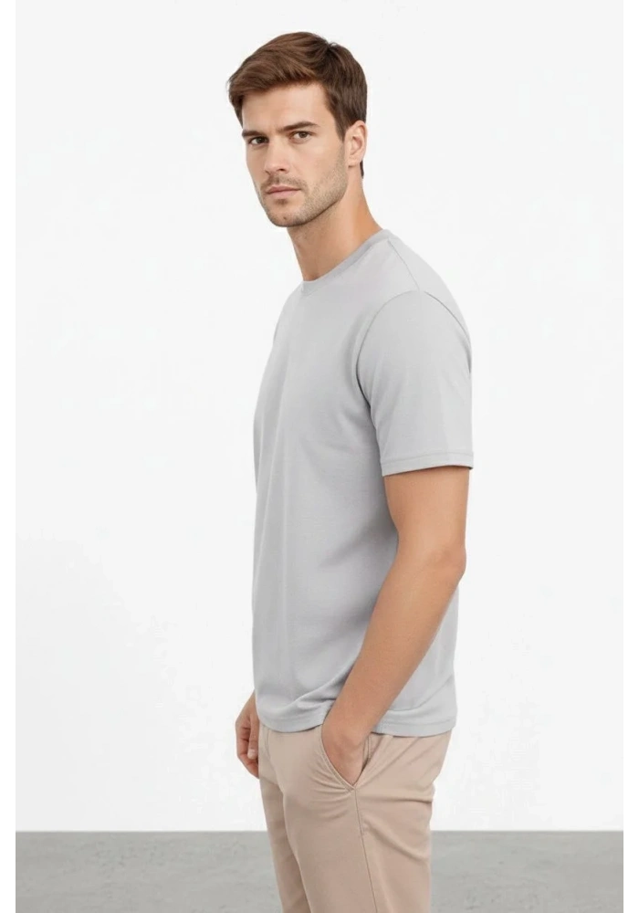 Erkek Bisiklet Yaka Yazlık Kısa kol Düz Tişört Regular Kalıp T-shirt - Gri