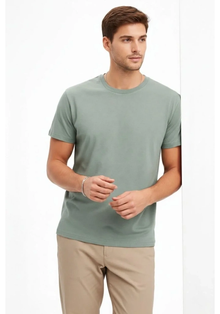 Erkek Bisiklet Yaka Tişört Regular Kalıp Basic Pamuklu Günlük Kullanım T-shirt - Mint Yeşili