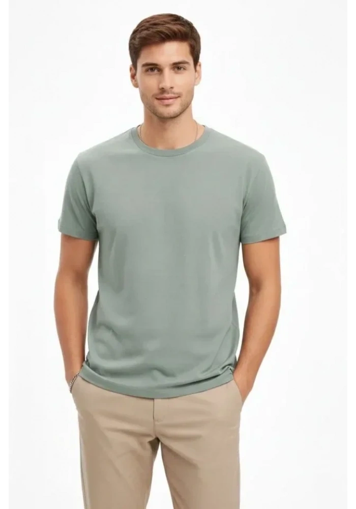 Erkek Bisiklet Yaka Tişört Regular Kalıp Basic Pamuklu Günlük Kullanım T-shirt - Mint Yeşili