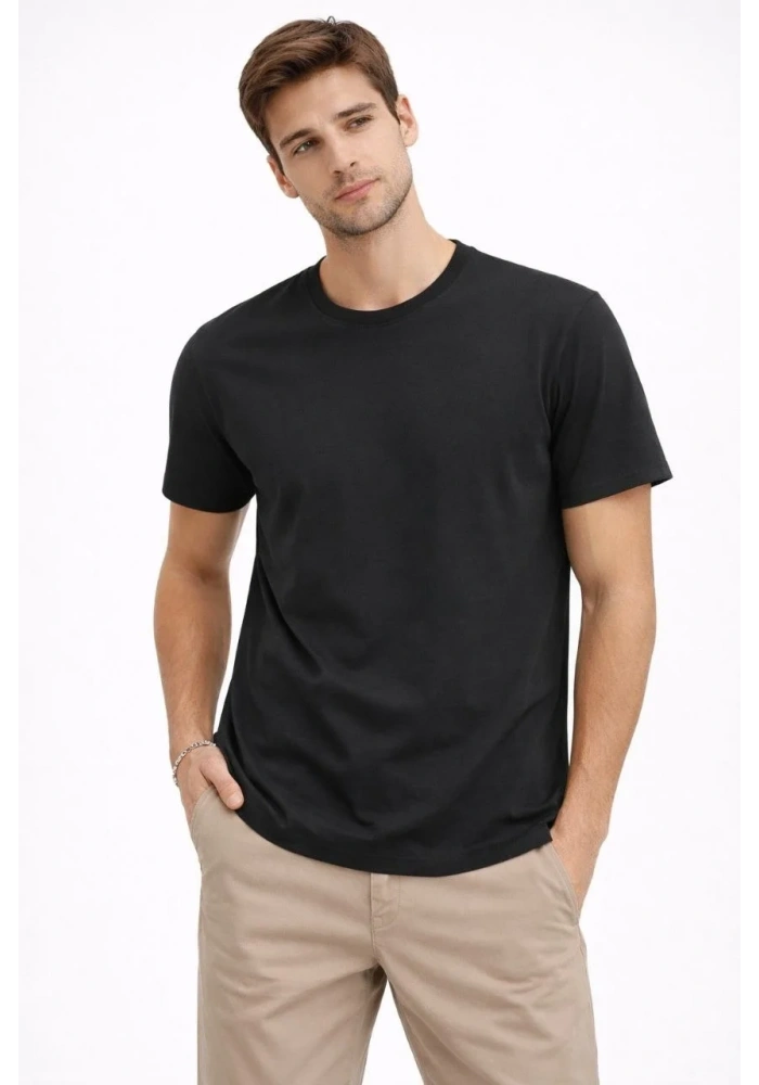 Erkek Bisiklet Yaka Yazlık Kısa kol Düz Tişört Regular Kalıp T-shirt - Siyah
