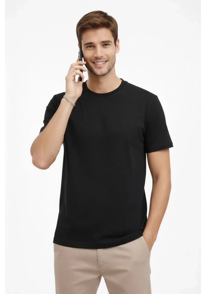 Erkek Bisiklet Yaka Tişört Regular Kalıp Basic Pamuklu Günlük Kullanım T-shirt - Siyah