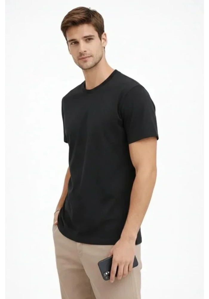 Erkek Bisiklet Yaka Tişört Regular Kalıp Basic Pamuklu Günlük Kullanım T-shirt - Siyah