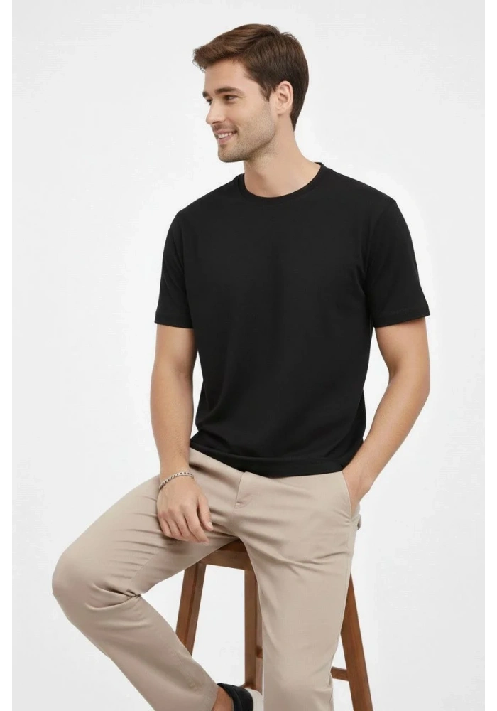 Erkek Bisiklet Yaka Yazlık Kısa kol Düz Tişört Regular Kalıp T-shirt - Siyah