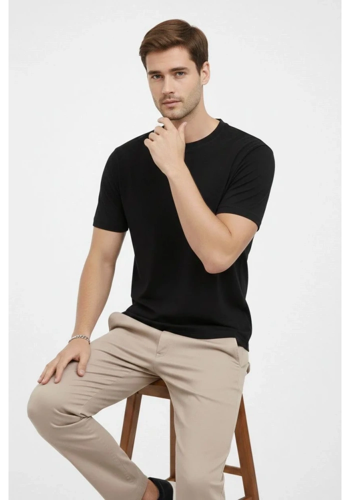 Erkek Bisiklet Yaka Tişört Regular Kalıp Basic Pamuklu Günlük Kullanım T-shirt - Siyah