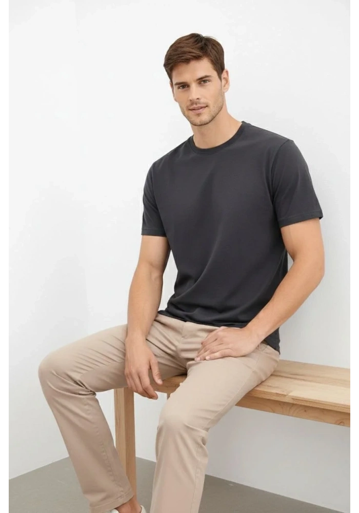 Erkek Bisiklet Yaka Yazlık Kısa kol Düz Tişört Regular Kalıp T-shirt - Füme