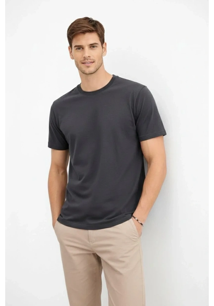 Erkek Bisiklet Yaka Yazlık Kısa kol Düz Tişört Regular Kalıp T-shirt - Füme