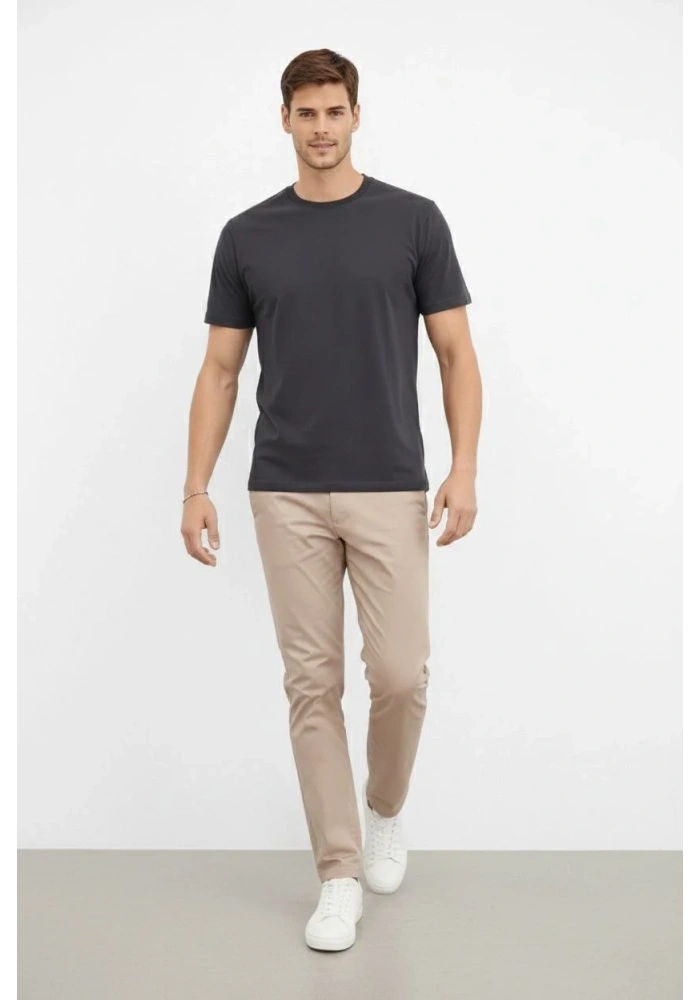 Erkek Bisiklet Yaka Yazlık Kısa kol Düz Tişört Regular Kalıp T-shirt - Füme