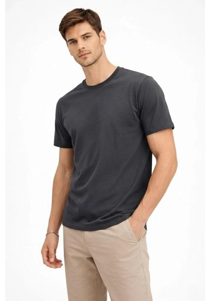 Erkek Bisiklet Yaka Yazlık Kısa kol Düz Tişört Regular Kalıp T-shirt - Füme