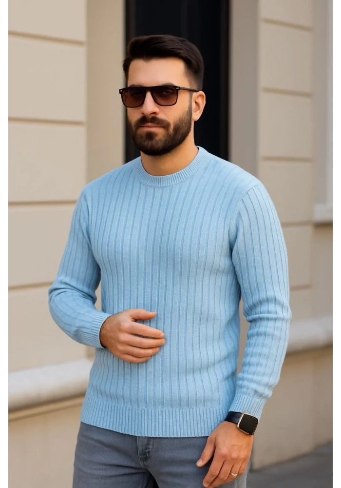 Erkek Bisiklet Yaka Triko Kazak Pamuklu Kalın Fitilli Dokuma - Bebe Mavisi