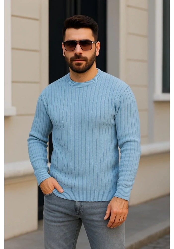 Erkek Bisiklet Yaka Triko Kazak Pamuklu Kalın Fitilli Dokuma - Bebe Mavisi