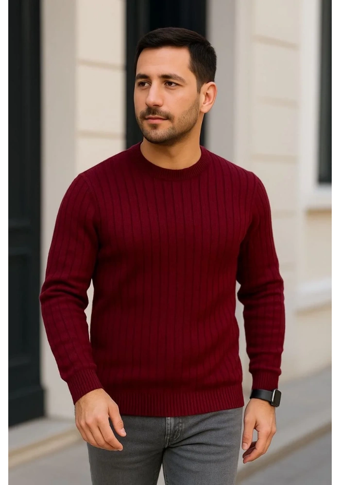 Erkek Bisiklet Yaka Triko Kazak Pamuklu Kalın Fitilli Dokuma Regular Fit - Bordo