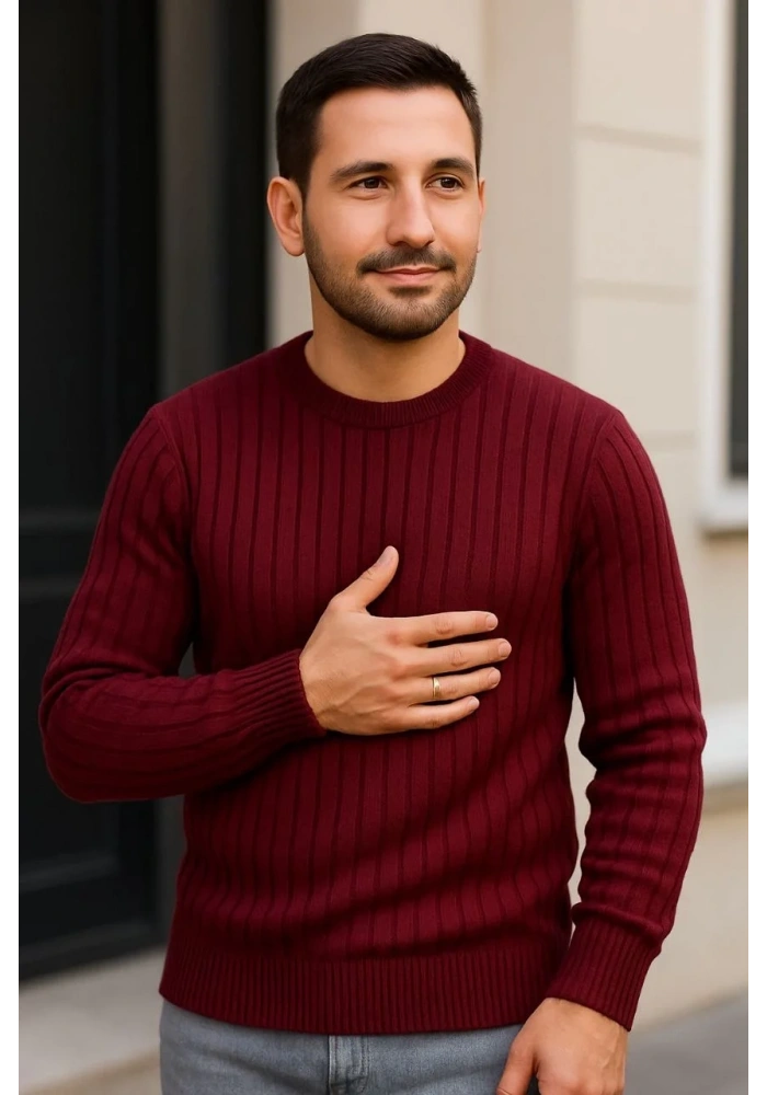 Erkek Bisiklet Yaka Triko Kazak Pamuklu Kalın Fitilli Dokuma Regular Fit - Bordo