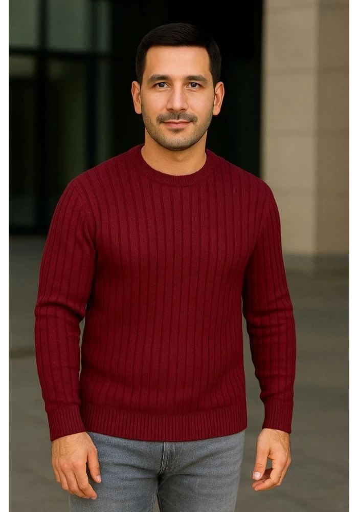 Erkek Bisiklet Yaka Triko Kazak Pamuklu Kalın Fitilli Dokuma Regular Fit - Bordo