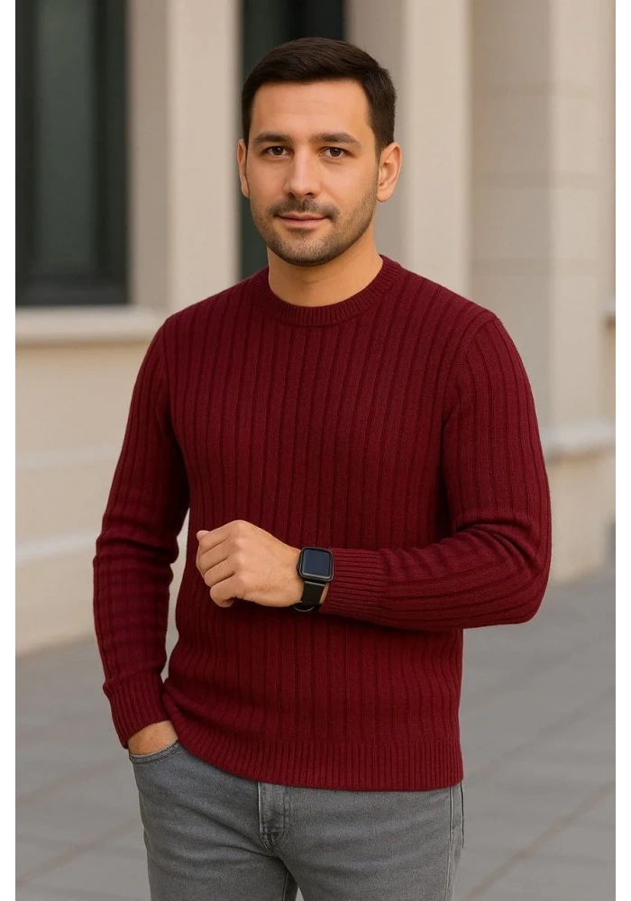 Erkek Bisiklet Yaka Triko Kazak Pamuklu Kalın Fitilli Dokuma Regular Fit - Bordo