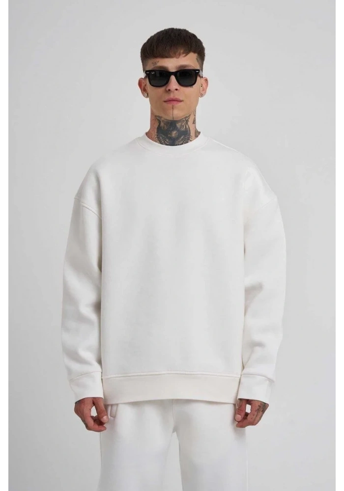 ERKEK Bisikilet Yaka 3 plik Pamuklu SweatShirt - Beyaz