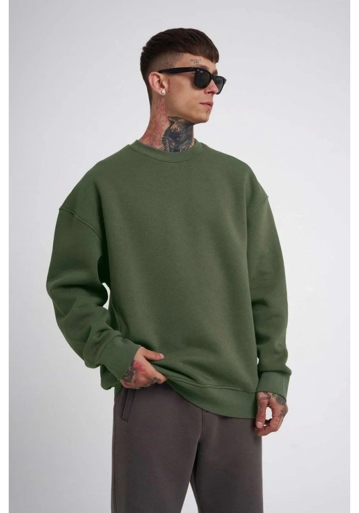 ERKEK Bisikilet Yaka 3 İplik Pamuklu SweatShirt - Haki