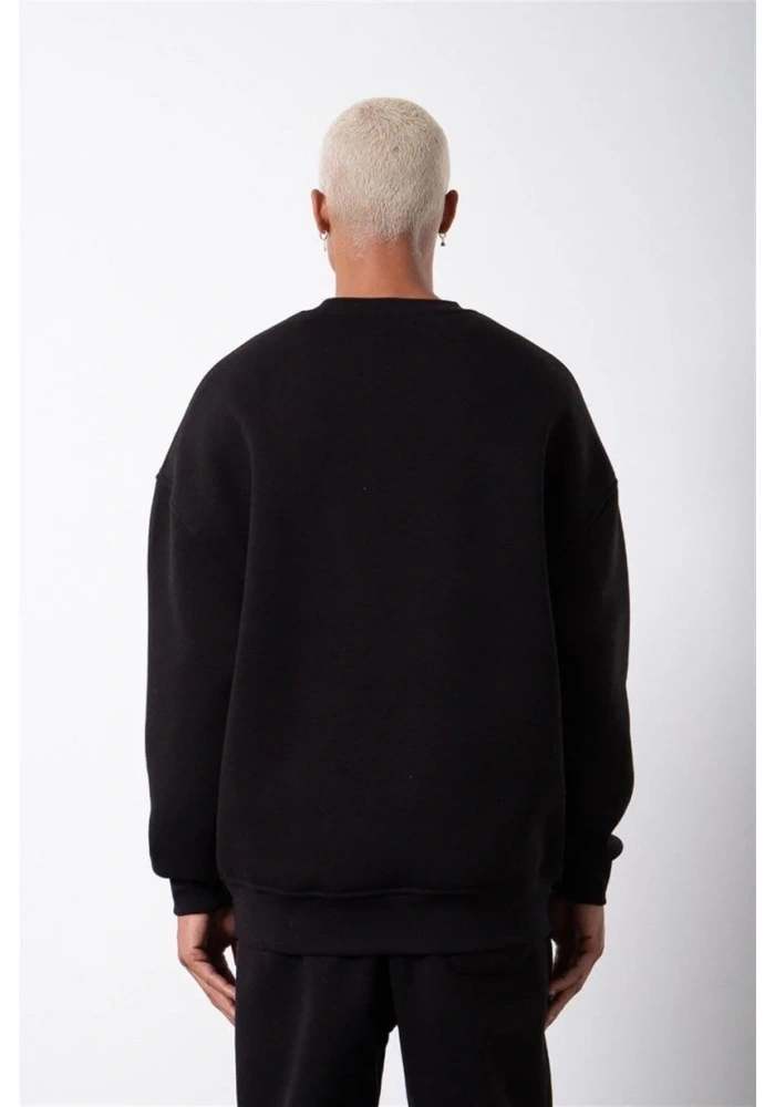 ERKEK Bisikilet Yaka 3 İplik Pamuklu SweatShirt - Siyah