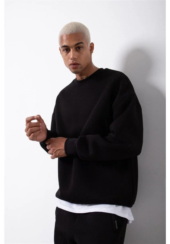 ERKEK Bisikilet Yaka 3 İplik Pamuklu SweatShirt - Siyah