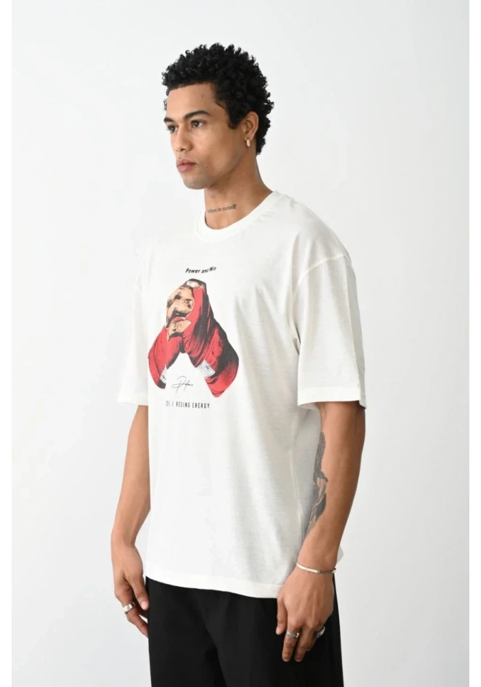 Erkek Box Eldiven Baskılı T-Shirt Kısa Kol Bisiklet Yaka Tişört - Beyaz