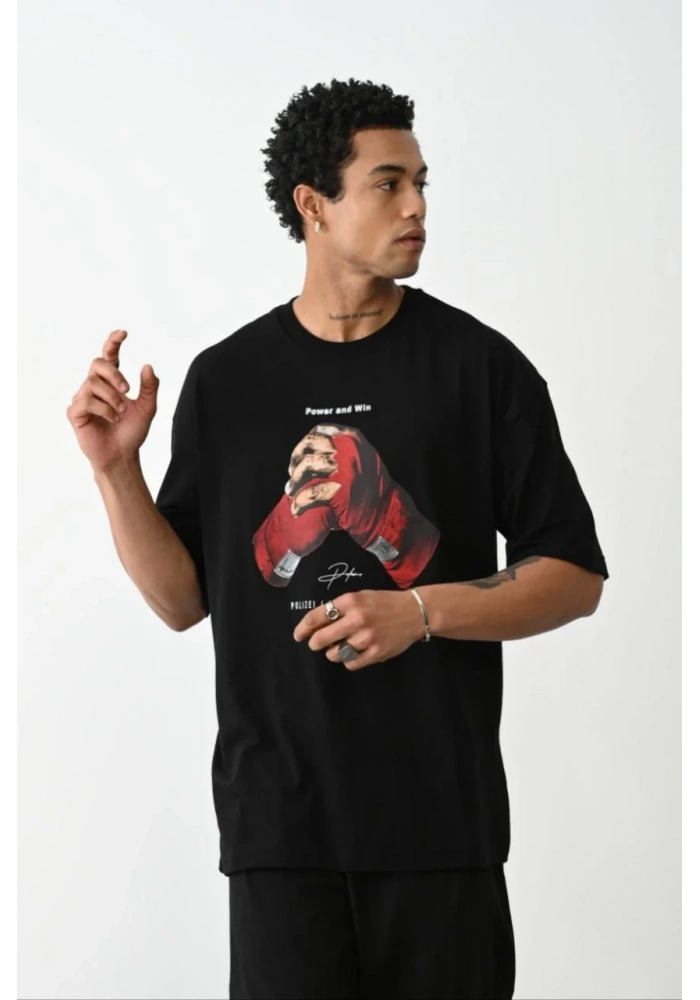 Erkek Boxy Eldiven Baskılı T-Shirt Kısa Kol Bisiklet Yaka Tişört - Siyah