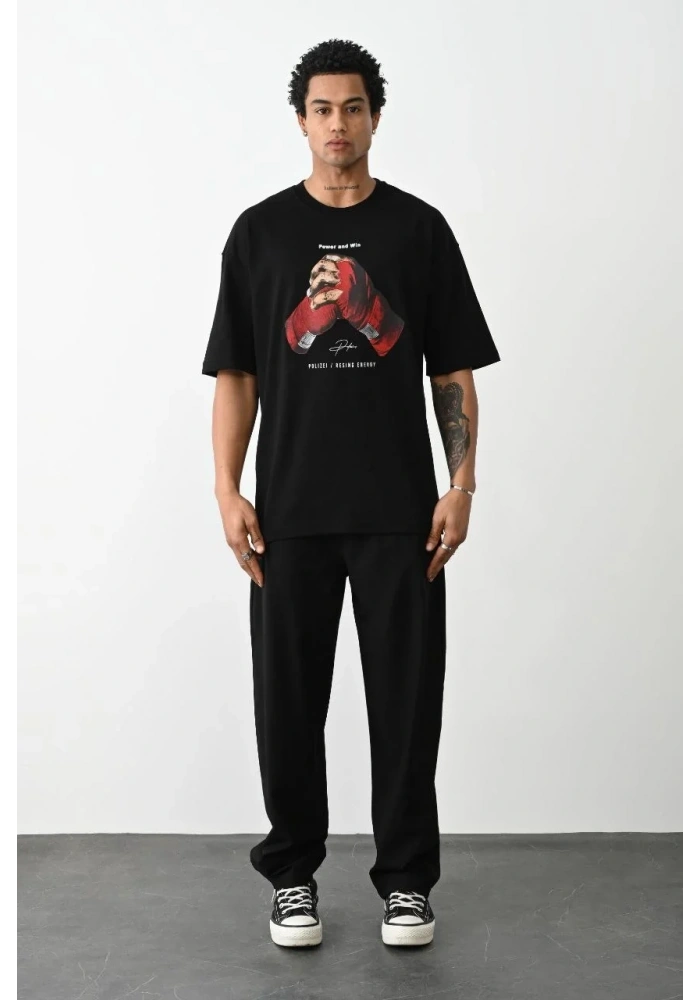 Erkek Boxy Eldiven Baskılı T-Shirt Kısa Kol Bisiklet Yaka Tişört - Siyah