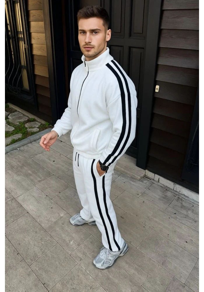 Erkek Çift Şeritli Eşofman Takım Dik Yaka Fermuarlı Sweatshirt Boru Paça Alt - Beyaz