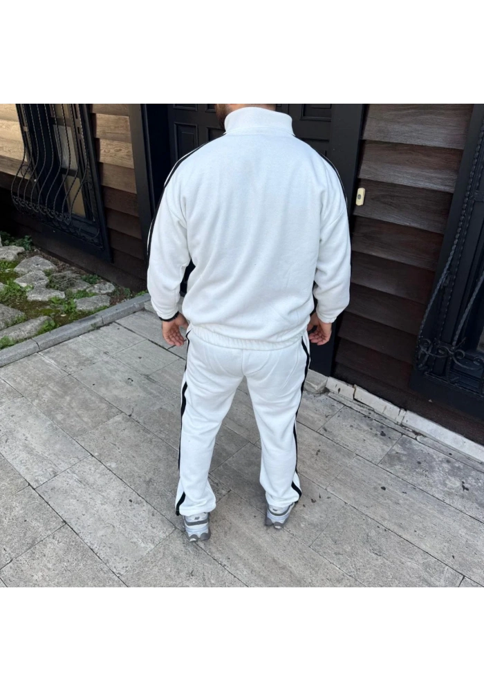 Erkek Çift Şeritli Eşofman Takım Dik Yaka Fermuarlı Sweatshirt Boru Paça Alt - Beyaz