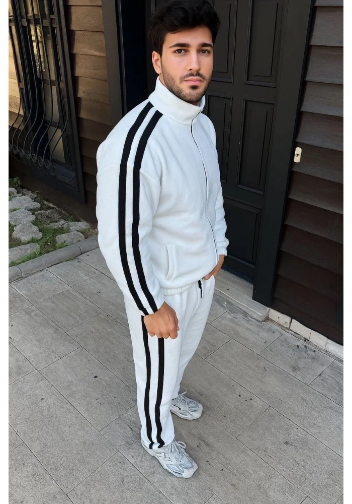 Erkek Çift Şeritli Eşofman Takım Dik Yaka Fermuarlı Sweatshirt Boru Paça Alt - Beyaz