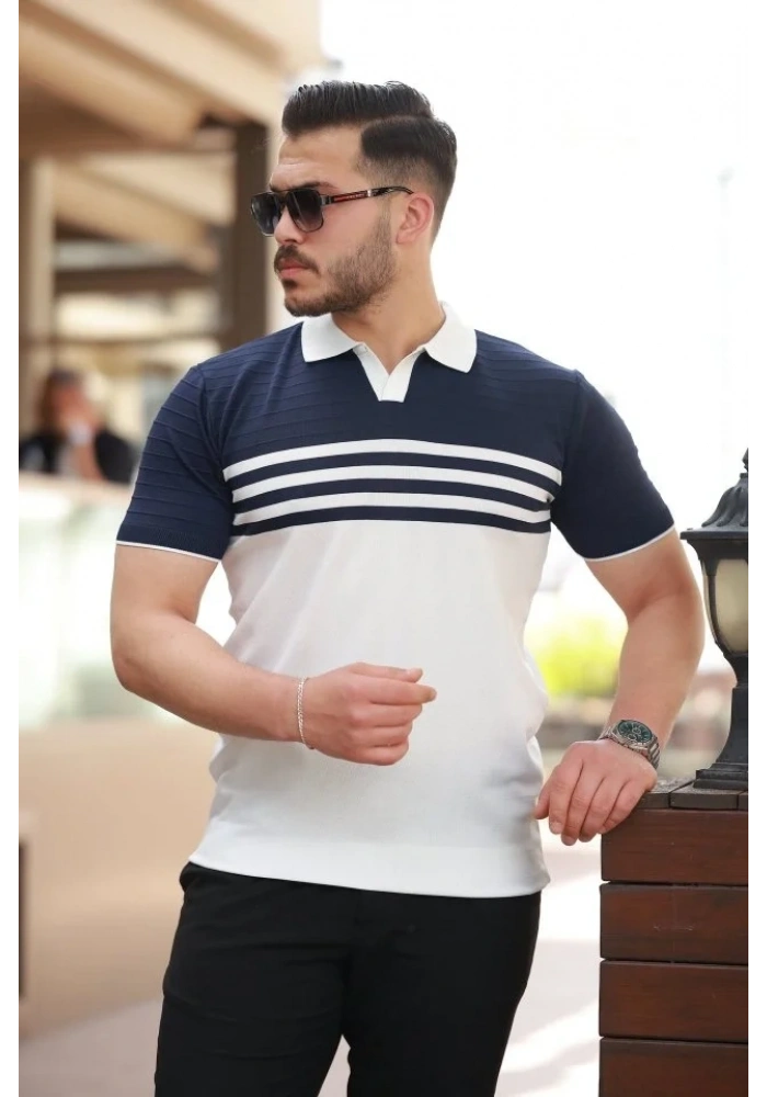 Erkek çizgi Desenli Yakalı Kısa Kollu T-shirt