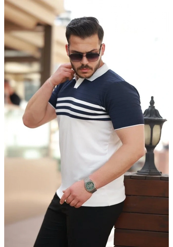 Erkek çizgi Desenli Yakalı Kısa Kollu T-shirt