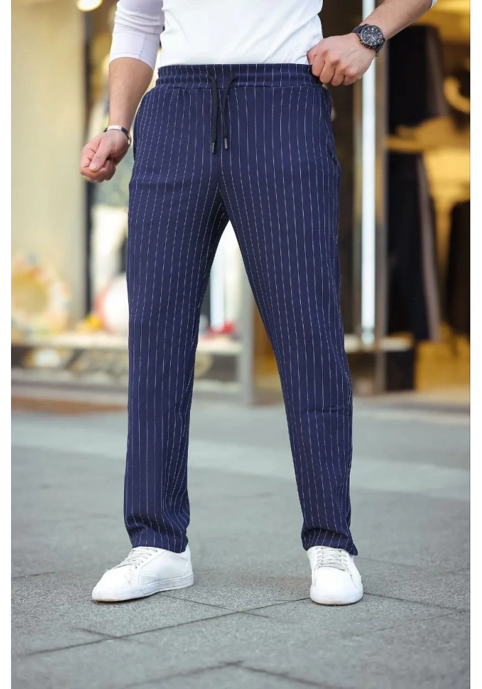 Erkek Cizgili Dokuma Krep Jogger Buggy Pantalon Rahat kalıp - Lacivert