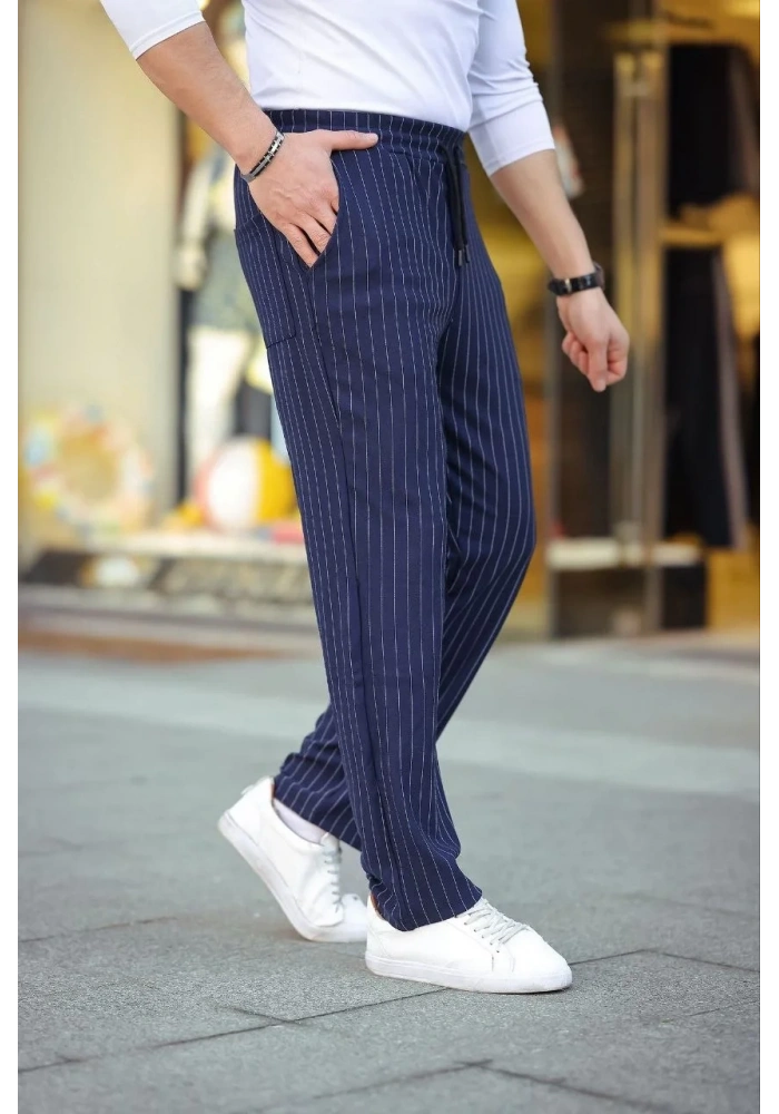 Erkek Cizgili Dokuma Krep Jogger Buggy Pantalon Rahat kalıp - Lacivert