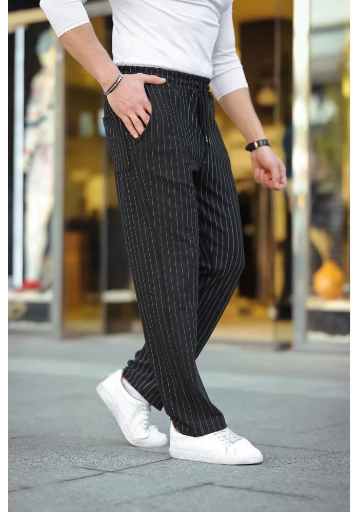 Erkek Cizgili Dokuma Krep Jogger Buggy Pantalon Rahat kalıp - Siyah