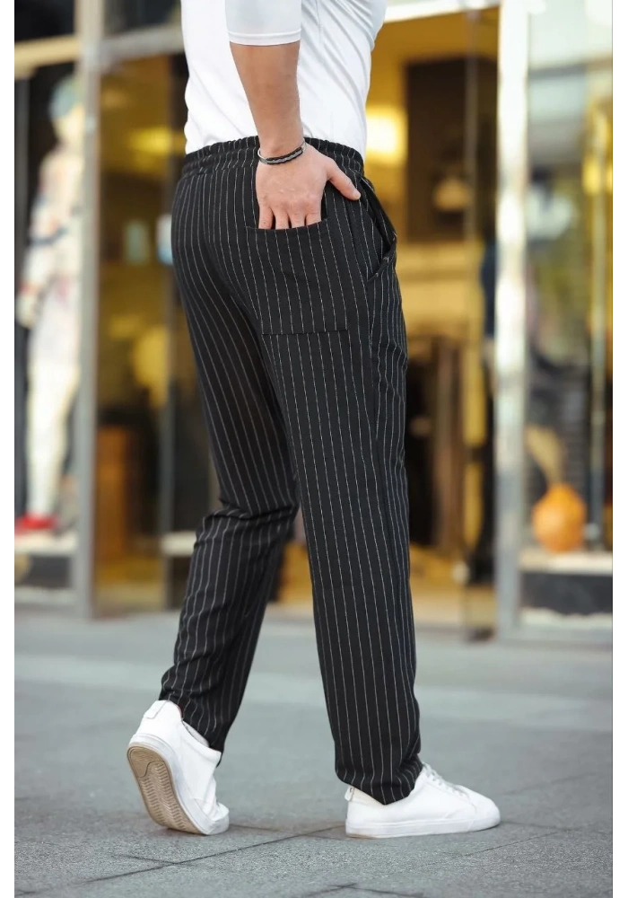 Erkek Cizgili Dokuma Krep Jogger Buggy Pantalon Rahat kalıp - Siyah