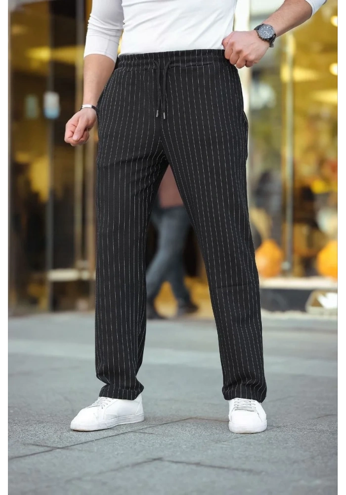Erkek Cizgili Dokuma Krep Jogger Buggy Pantalon Rahat kalıp - Siyah