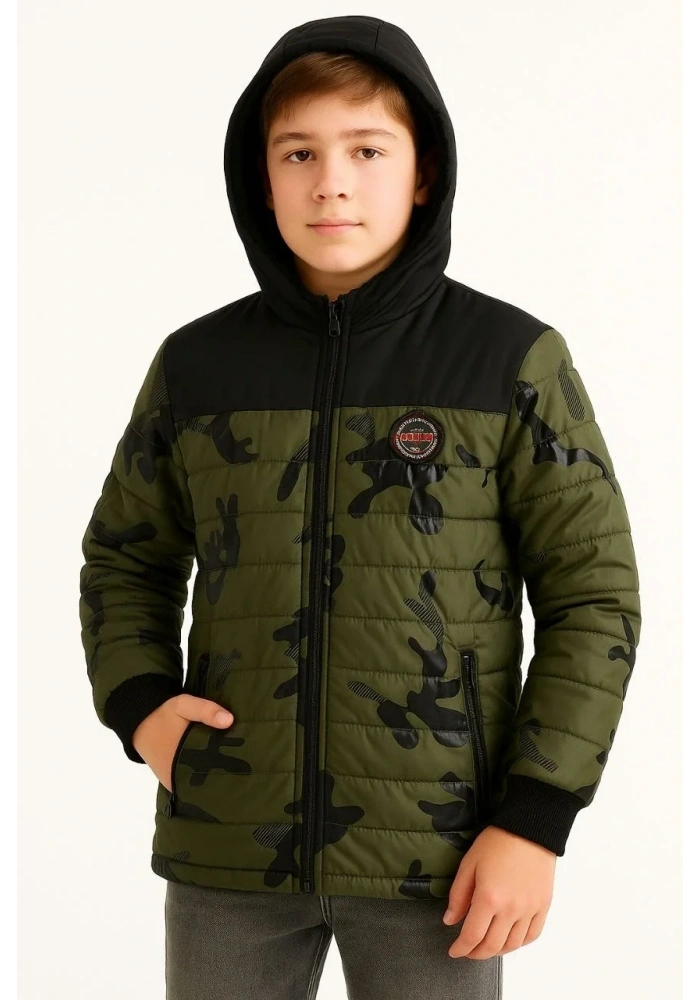 Erkek Çocuk Kamuflaj Desenli Mont İçi Sıcak Tutan Pelüş Astarlı, Kapüşonlu, Fermuarlı Kışlık Su İtici Şişme Mont - Haki