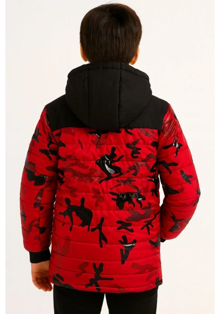 Erkek Çocuk Kamuflaj Desenli Mont İçi Sıcak Tutan Pelüş Astarlı, Kapüşonlu, Fermuarlı Kışlık Su İtici Şişme Mont - Kırmızı
