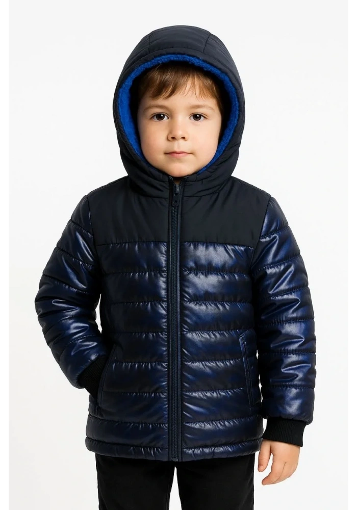 Erkek Çocuk Kamuflaj Desenli Mont İçi Sıcak Tutan Pelüş Astarlı, Kapüşonlu, Fermuarlı Kışlık Su İtici Şişme Mont - Lacivert