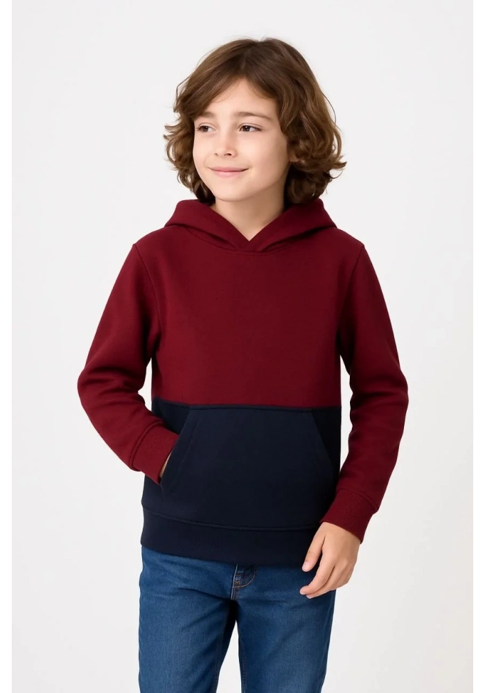 Erkek Çocuk Kapüşonlu Kanguru Cepli Parçalı SweatShirt - Renkli