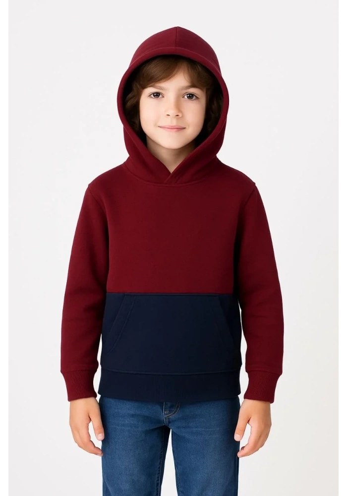 Erkek Çocuk Kapüşonlu Kanguru Cepli Parçalı SweatShirt - Renkli