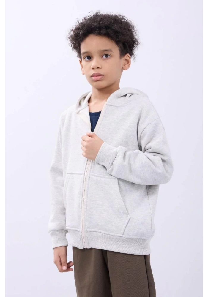Erkek Çocuk Kapüşonlu Kanguru Çepli Tam Fermuarlı Hırka SweatShirt - Gri
