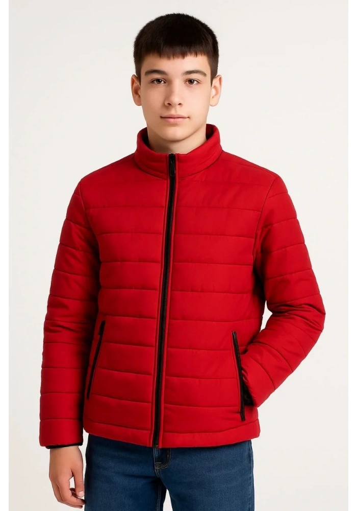 Erkek Çocuk Şişme Mont Hafif ve Sıcak Tutucu Kışlık Fermuarlı Su İtici Rahat Günlük Mont Kapüşonuz Modern Tasarım - Kırmızı