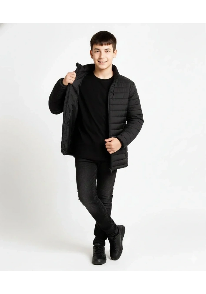 Erkek Çocuk Şişme Mont Hafif ve Sıcak Tutucu Kışlık Fermuarlı Su İtici Rahat Günlük Mont Kapüşonuz Modern Tasarım - Siyah