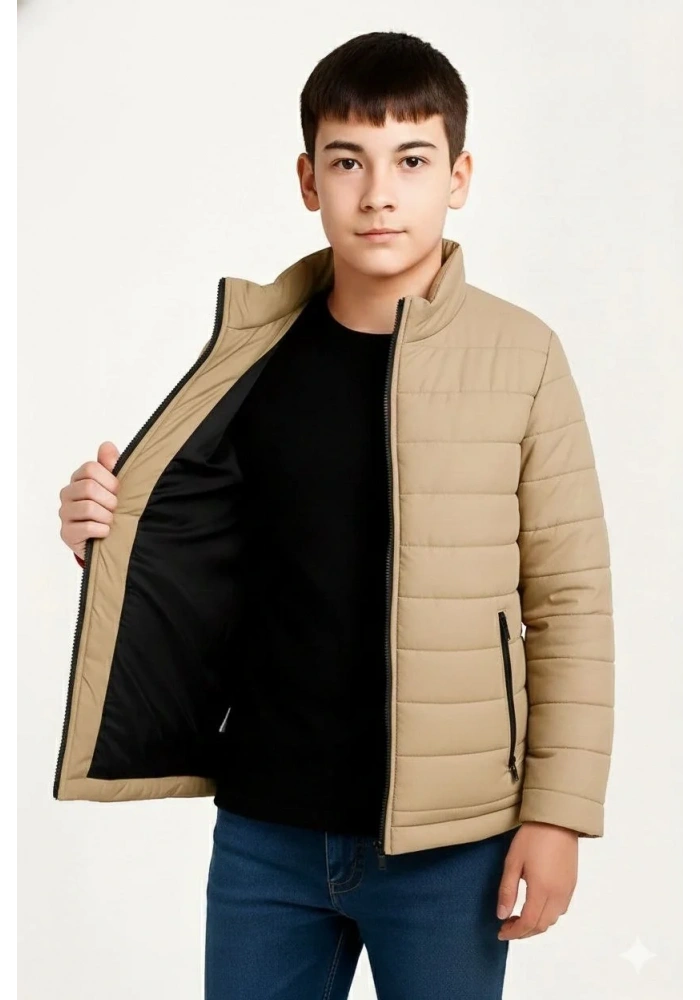 Erkek Çocuk Şişme Mont Hafif ve Sıcak Tutucu Kışlık Fermuarlı Su İtici Rahat Günlük Mont Kapüşonuz Modern Tasarım - Bej