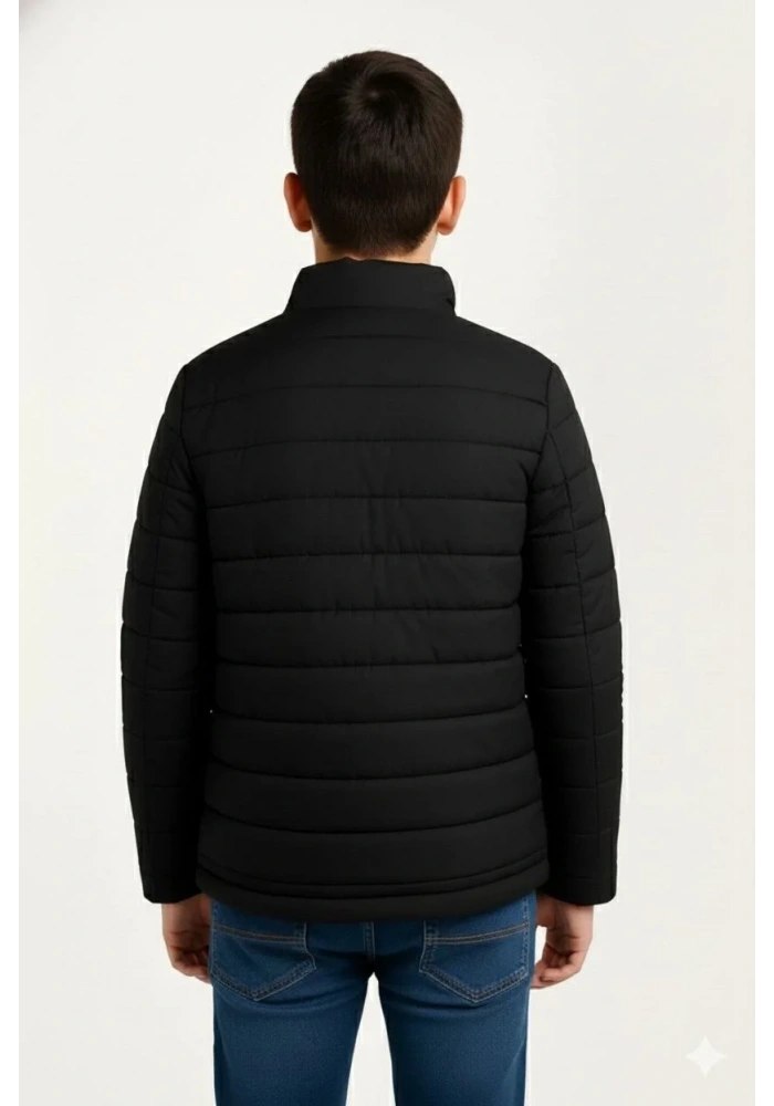 Erkek Çocuk Şişme Mont Hafif ve Sıcak Tutucu Kışlık Fermuarlı Su İtici Rahat Günlük Mont Kapüşonuz Modern Tasarım - Siyah