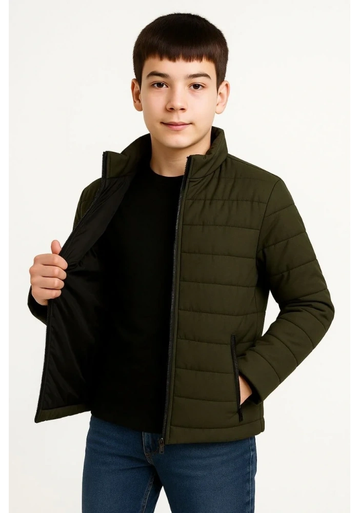 Erkek Çocuk Şişme Mont Hafif ve Sıcak Tutucu Kışlık Fermuarlı Su İtici Rahat Günlük Mont Kapüşonuz Modern Tasarım- Haki