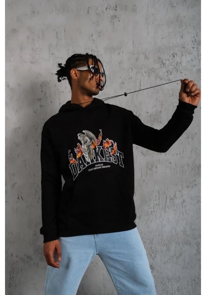 Erkek DANKES Baskılı Kapüşonlu Sweat - Siyah