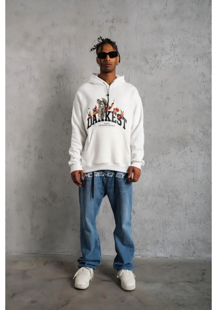 Erkek 3 İplik Pamuklu Kapüşonlu Baskılı Cepli Oversize Sweatshirt Hoodie - Beyaz